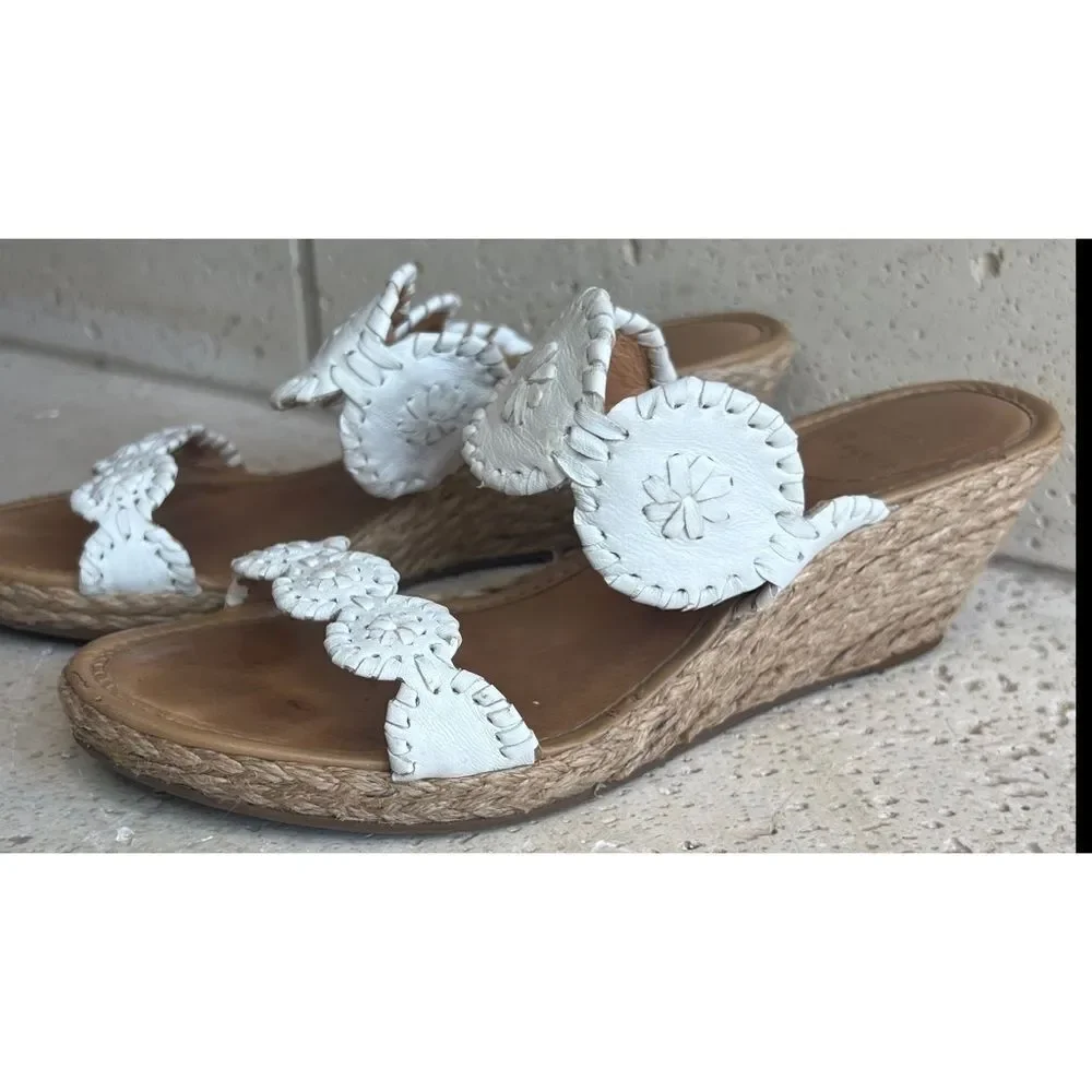 Jack Rogers Shelby White Leather Wedge Espadrille Slip On Sandals Size 8…
